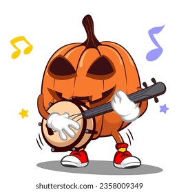 Vector mascot, cartoon and illustration of a happy halloween pumpkin playing a banjo musical instrument