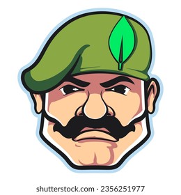 Vector mascot, cartoon and illustration of a hefty mustachioed soldier in a green beret with a serious face