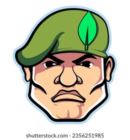 Vector mascot, cartoon and illustration of a hefty soldier head in a green beret with a serious face