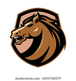 Vector mascot, cartoon and illustration of a horse head badge or emblem.