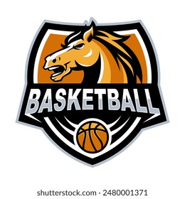 Vector mascot, cartoon, and illustration of a horse head emblem for basketball team