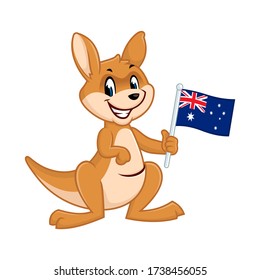 Mascota vectorial, caricatura e ilustración de un canguro que sostiene la bandera de australia