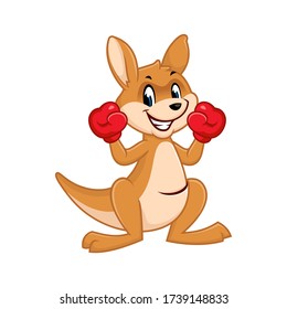 Mascota vectorial, dibujos animados e ilustración de un canguro usando guantes de boxeo