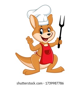 Vector mascot, cartoon, and illustration of a kangaroo chef  holding barbecue fork