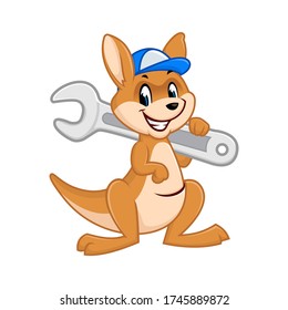 Vector mascot, cartoon, and illustration of a kangaroo shouldering wrench