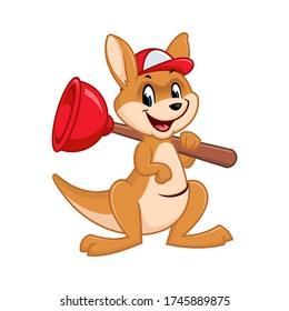 Vector mascot, cartoon, and illustration of a kangaroo shouldering plunger