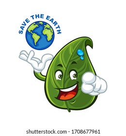 Vector mascot, cartoon, and illustration of a leaf saying save the earth