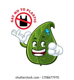 Vector mascot, cartoon, and illustration of a leaf saying no to plastic