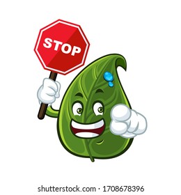 Vector mascot, cartoon, and illustration of a leaf holding stop sign board 