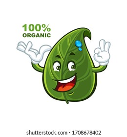 Vector mascot, cartoon, and illustration of a leaf saying 100% organic