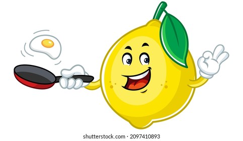Vector mascot, cartoon and illustration of a lemon holding frying pan and cooking yolk egg