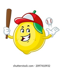 Vector mascot, cartoon and illustration of a lemon baseball player holding stick and ball