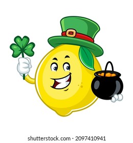 Vector mascot, cartoon and illustration of a lemon wearing leprechaun costume with a pot of coins