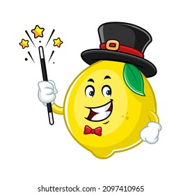 Vector mascot, cartoon and illustration of a lemon becomes a magician and holding magic stick