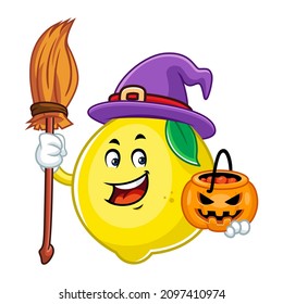 Vector mascot, cartoon and illustration of a lemon wearing witch costume holding candy and broom to celebrate hellowen party