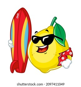 Vector mascot, cartoon and illustration of a lemon wearing shirt and holding surfing board