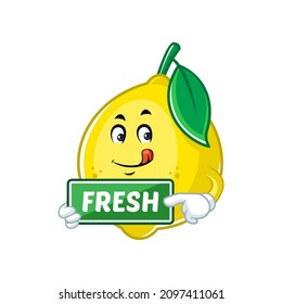 Vector mascot, cartoon and illustration of a lemon holding fresh sign board