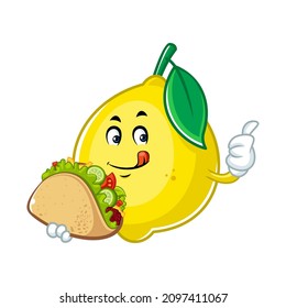 Vector mascot, cartoon and illustration of a lemon eating tacos