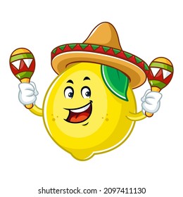 Mascota vectora, caricatura e ilustración de un sombrero con sombrero limón con maracas