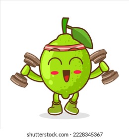 Vector mascot, cartoon and illustration of a lime doing exercises with dumbbells