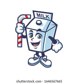 Vector mascot, cartoon, and illustration of a milk box holding straw