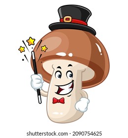 Vector mascot, cartoon and illustration of a mushroom becomes a magician and holding magic stick