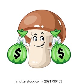 Vector mascot, cartoon and illustration of a mushroom holding money sack