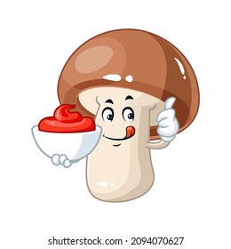 Vector mascot, cartoon and illustration of a mushroom holding dipping sauce bowl