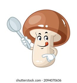 Vector mascot, cartoon and illustration of a mushroom holding laddle spoon