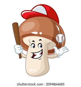 Vector mascot, cartoon and illustration of a mushroom baseball player holding stick and ball