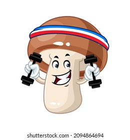 Vector mascot, cartoon and illustration of a mushroom doing exercises with dumbbells