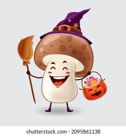 Vector mascot, cartoon, and illustration of a mushroom wearing witch costume