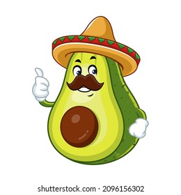 Vector mascot, cartoon and illustration of a mustache avocado wearing sombrero 