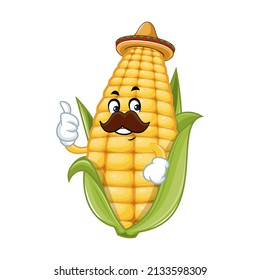 Vector mascot, cartoon and illustration of a mustache corn wearing sombrero 