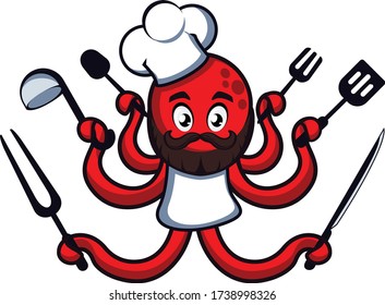 ilustración de caricatura de mascota vectorial el pulpo se convierte en chef
