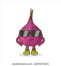 Vector mascot, cartoon, and illustration of a onion wearing sunglass. cool onion character wearing black glasses