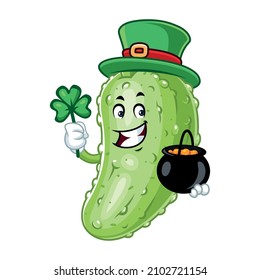 Vector mascot, cartoon and illustration of a pickle wearing leprechaun costume with a pot of coins