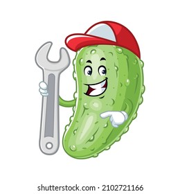Vector mascot, cartoon and illustration of a pickle holding wrench