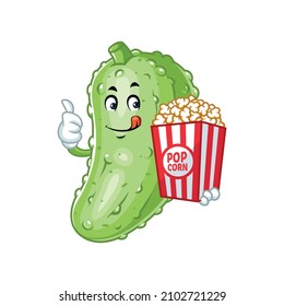 Vector mascot, cartoon and illustration of a pickle eating popcorn