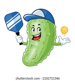 Vector mascot, cartoon and illustration of a pickle playing pickleball 