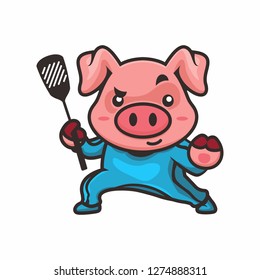 Vector mascot, cartoon, and illustration of a pig kungfu chef