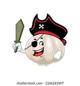 Vector mascot, cartoon and illustration of a pirate garlic holding sword.