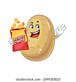 Vector mascot, cartoon and illustration of a potato holding snack chips bag