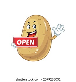 Vector mascot, cartoon and illustration of a potato holding open sign board