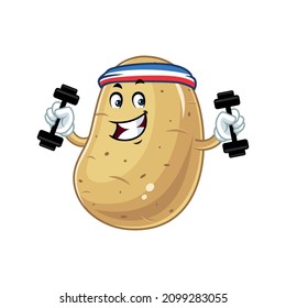 Vector mascot, cartoon and illustration of a potato doing exercises with dumbbells