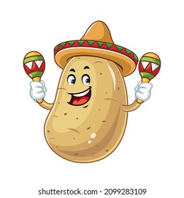 Vector mascot, cartoon and illustration of a potato wearing sombrero with holding maracas