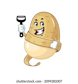 Vector mascot, cartoon and illustration of a potato with twisted peel holding peeler