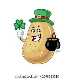 Vector mascot, cartoon and illustration of a potato wearing leprechaun costume with a pot of coins