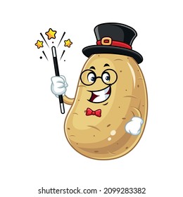 Vector mascot, cartoon and illustration of a potato becomes a magician and holding magic stick