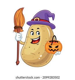 Vector mascot, cartoon and illustration of a potato wearing witch costume holding candy and broom to celebrate hellowen party